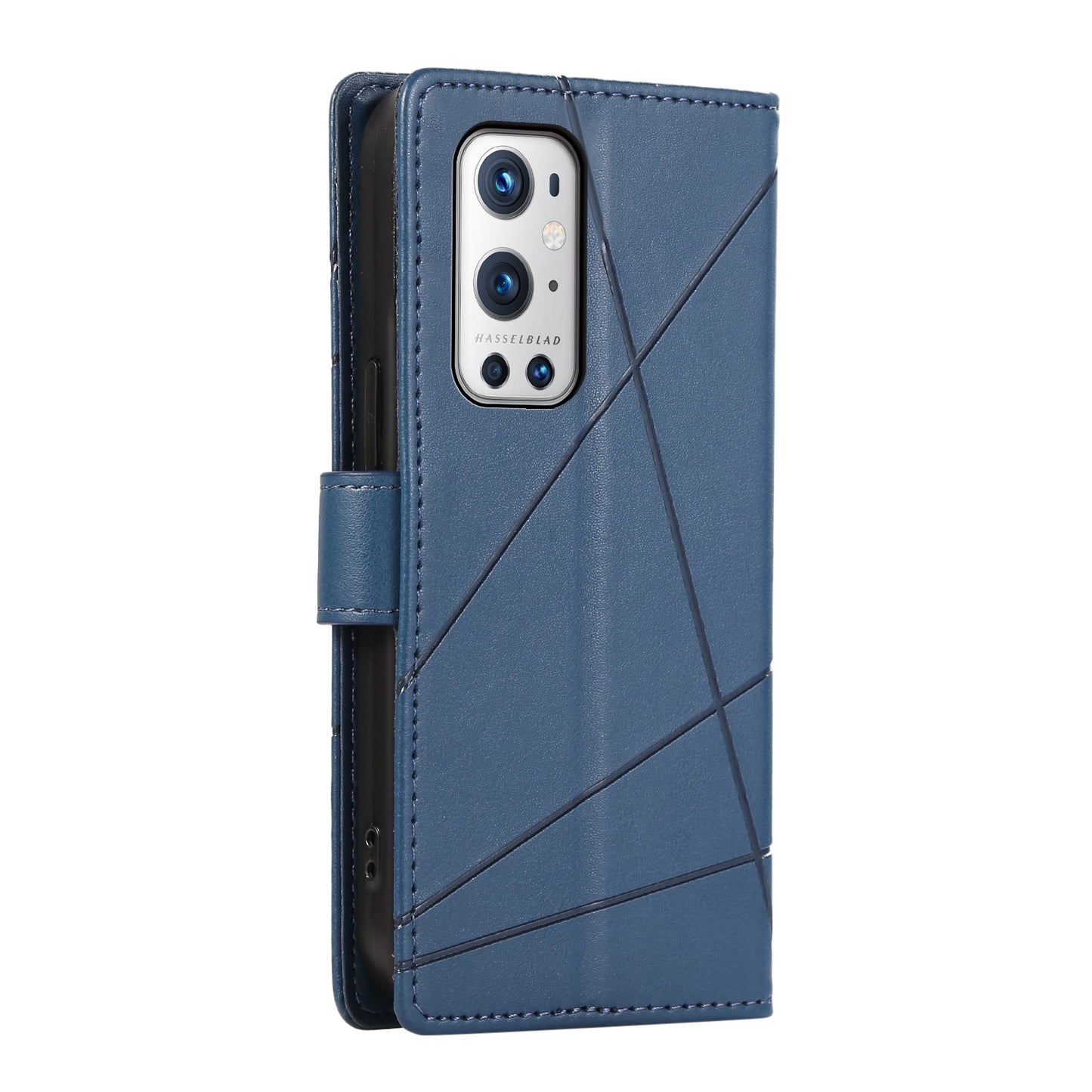 OnePlus 9 Pro PU Genuine Leather Texture Embossed Line Phone Case with Card Wallet, Kickstand & Wrist Strap