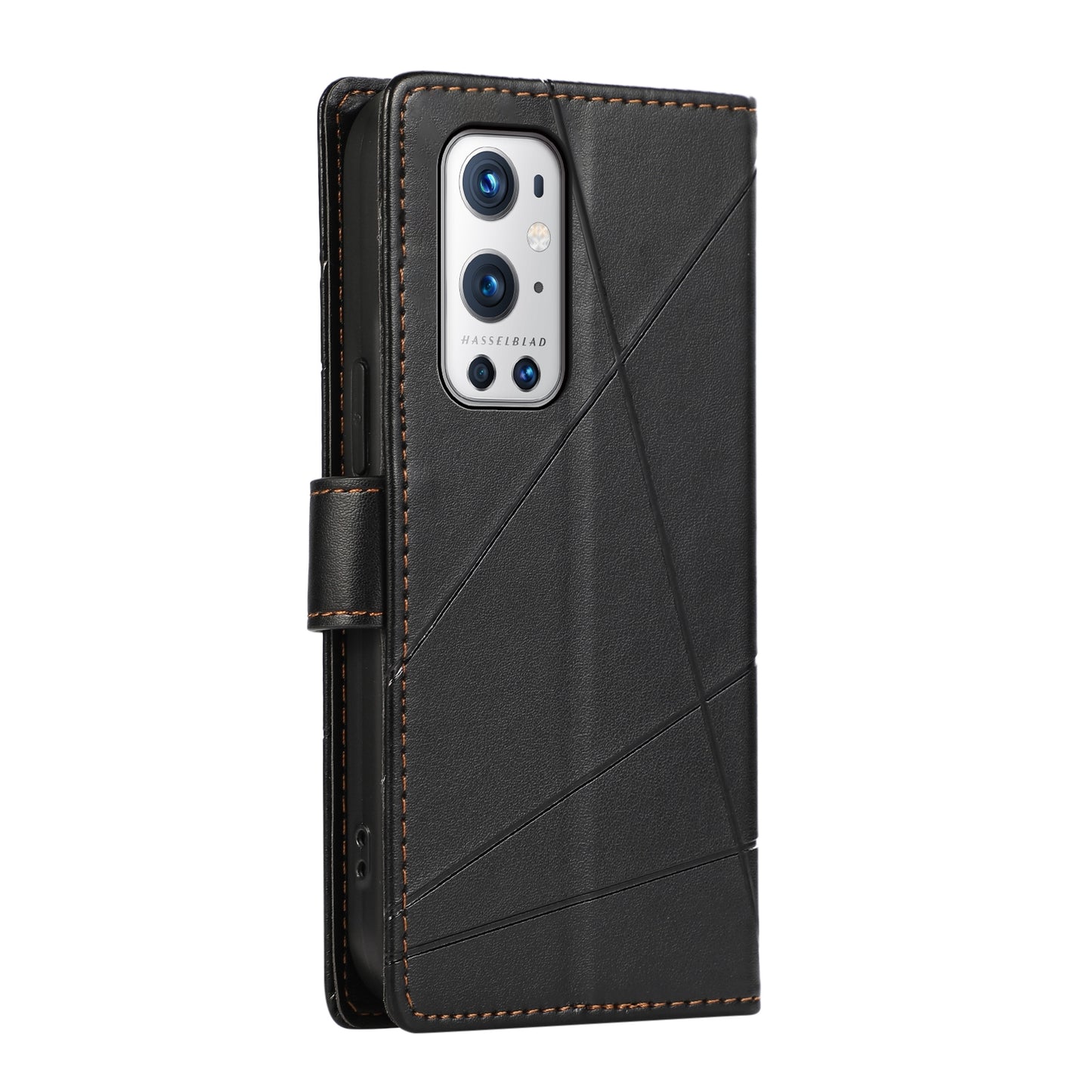 OnePlus 9 Pro PU Genuine Leather Texture Embossed Line Phone Case with Card Wallet, Kickstand & Wrist Strap