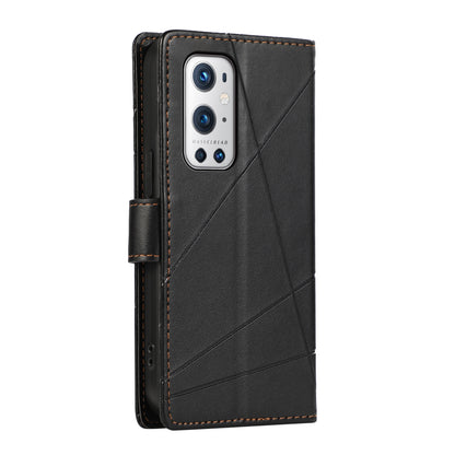 OnePlus 9 Pro PU Genuine Leather Texture Embossed Line Phone Case with Card Wallet, Kickstand & Wrist Strap