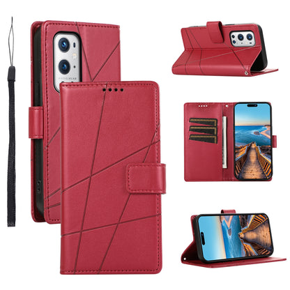 OnePlus 9 Pro PU Genuine Leather Texture Embossed Line Phone Case with Card Wallet, Kickstand & Wrist Strap