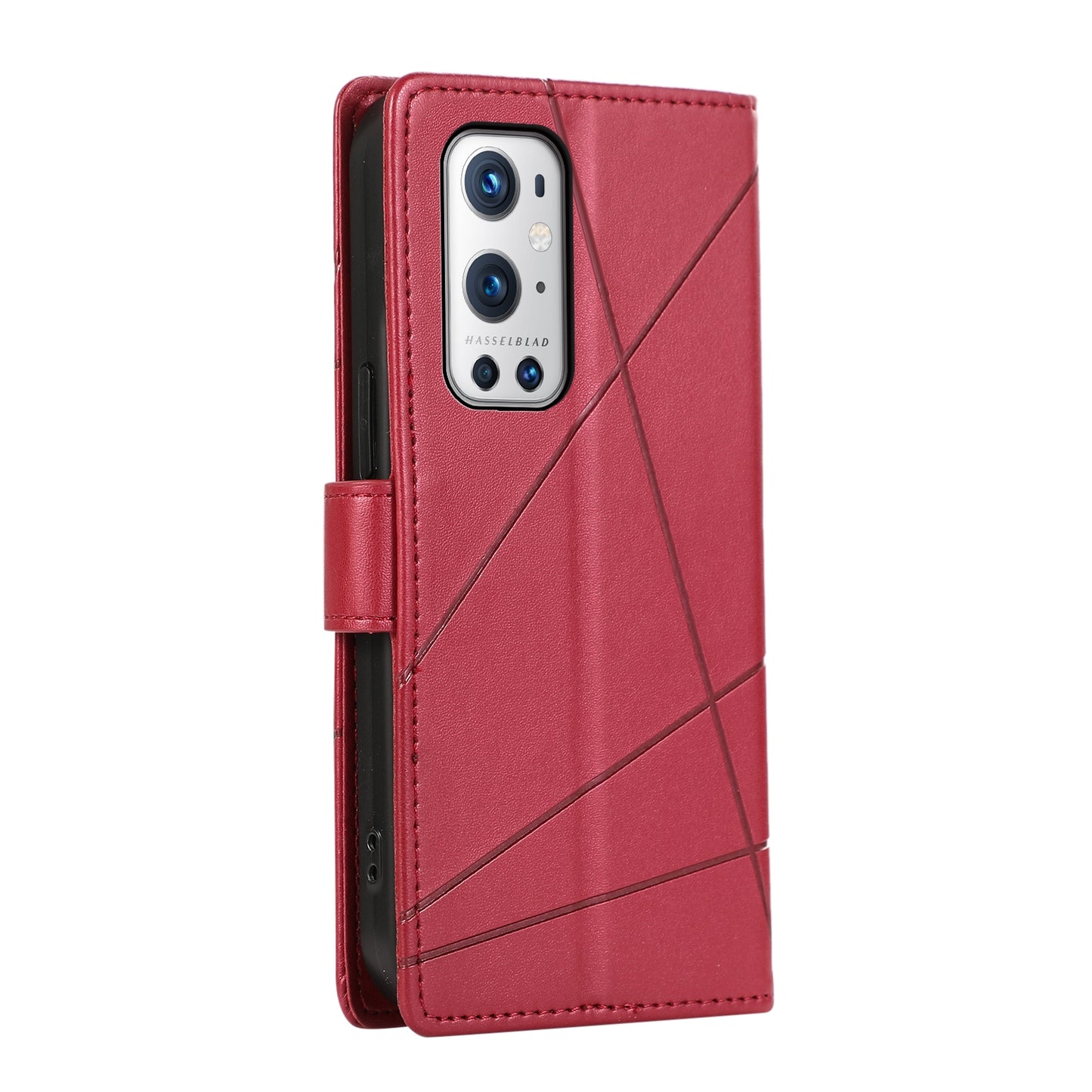 OnePlus 9 Pro PU Genuine Leather Texture Embossed Line Phone Case with Card Wallet, Kickstand & Wrist Strap