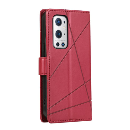 OnePlus 9 Pro PU Genuine Leather Texture Embossed Line Phone Case with Card Wallet, Kickstand & Wrist Strap
