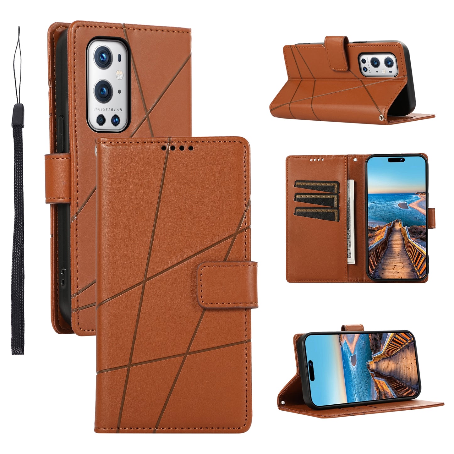 OnePlus 9 Pro PU Genuine Leather Texture Embossed Line Phone Case with Card Wallet, Kickstand & Wrist Strap