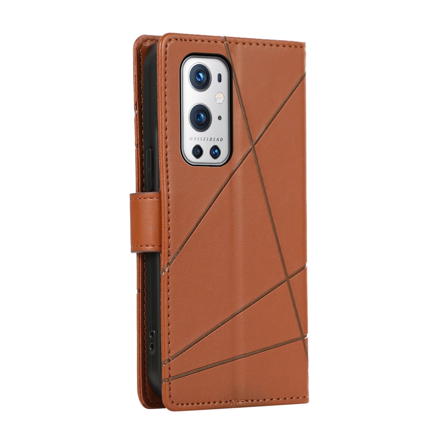 OnePlus 9 Pro PU Genuine Leather Texture Embossed Line Phone Case with Card Wallet, Kickstand & Wrist Strap