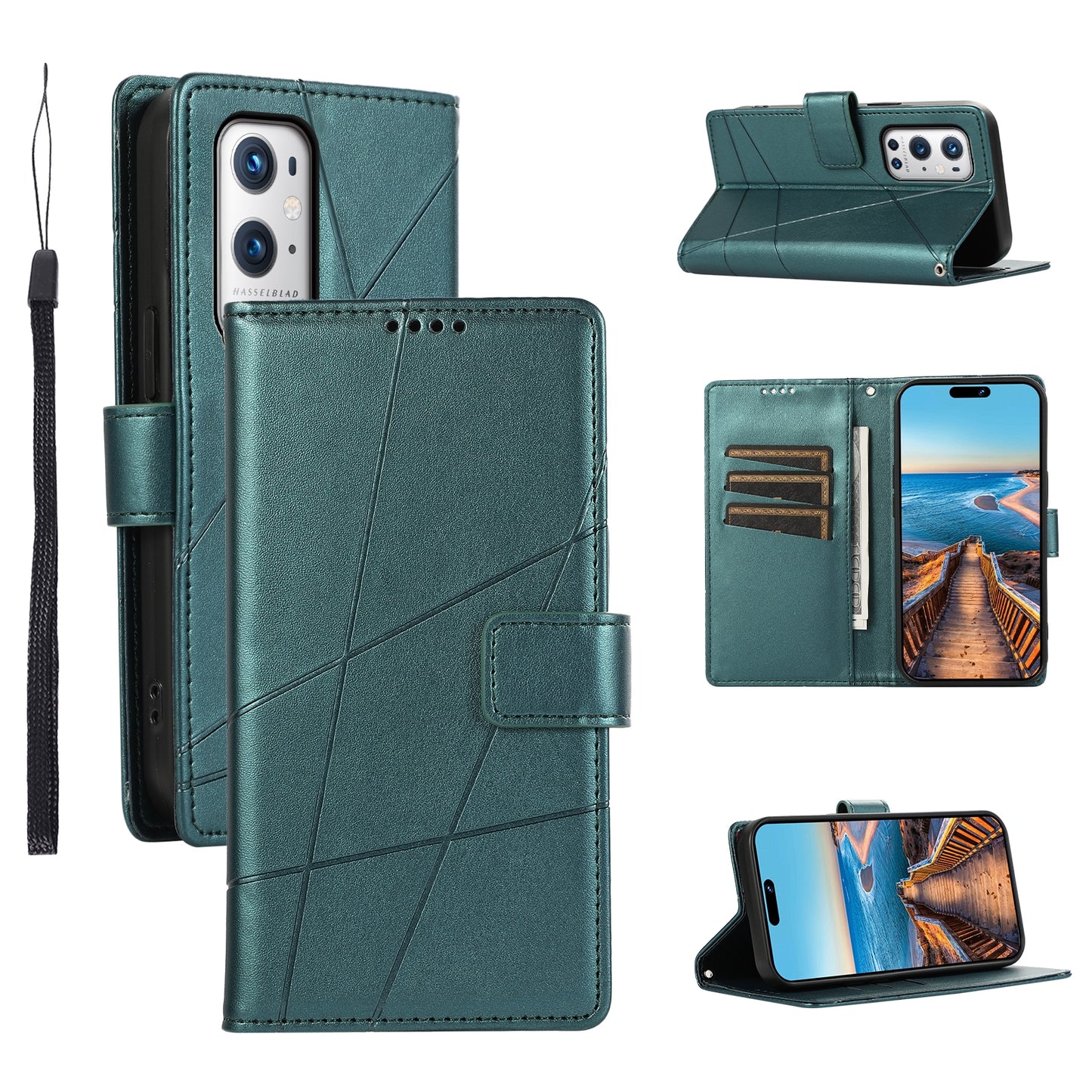 OnePlus 9 Pro PU Genuine Leather Texture Embossed Line Phone Case with Card Wallet, Kickstand & Wrist Strap