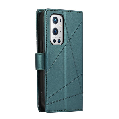 OnePlus 9 Pro PU Genuine Leather Texture Embossed Line Phone Case with Card Wallet, Kickstand & Wrist Strap