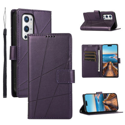 OnePlus 9 Pro PU Genuine Leather Texture Embossed Line Phone Case with Card Wallet, Kickstand & Wrist Strap