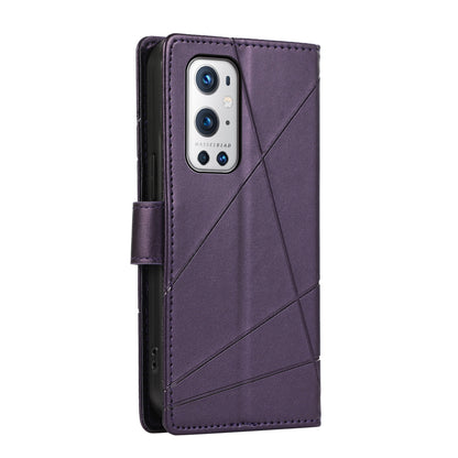 OnePlus 9 Pro PU Genuine Leather Texture Embossed Line Phone Case with Card Wallet, Kickstand & Wrist Strap