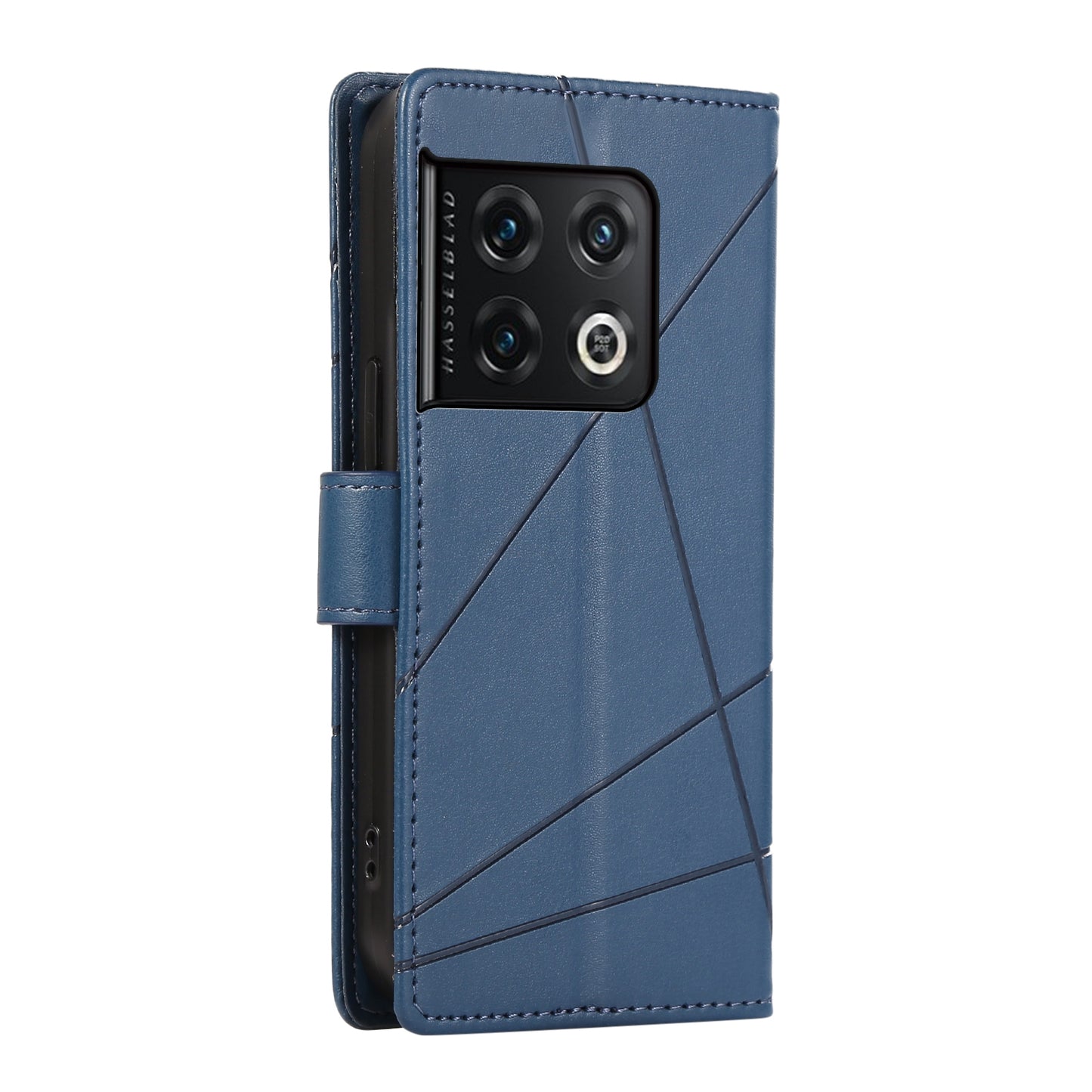 OnePlus 10 Pro PU Genuine Leather Texture Embossed Line Phone Case with Card Wallet, Kickstand & Wrist Strap