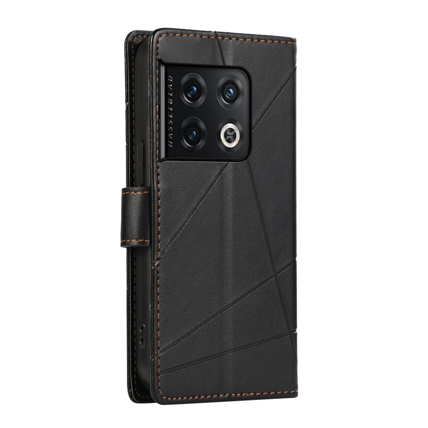 OnePlus 10 Pro PU Genuine Leather Texture Embossed Line Phone Case with Card Wallet, Kickstand & Wrist Strap