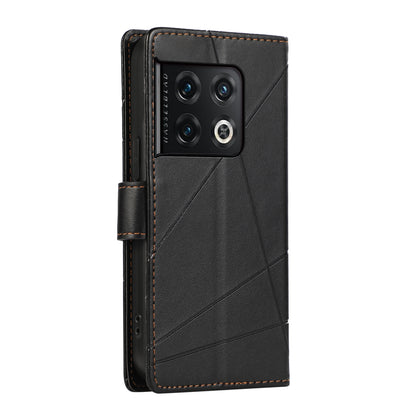 OnePlus 10 Pro PU Genuine Leather Texture Embossed Line Phone Case with Card Wallet, Kickstand & Wrist Strap