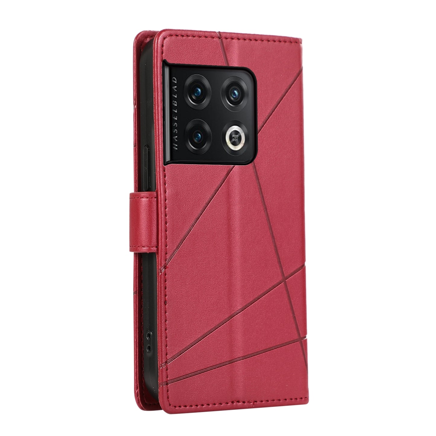 OnePlus 10 Pro PU Genuine Leather Texture Embossed Line Phone Case with Card Wallet, Kickstand & Wrist Strap