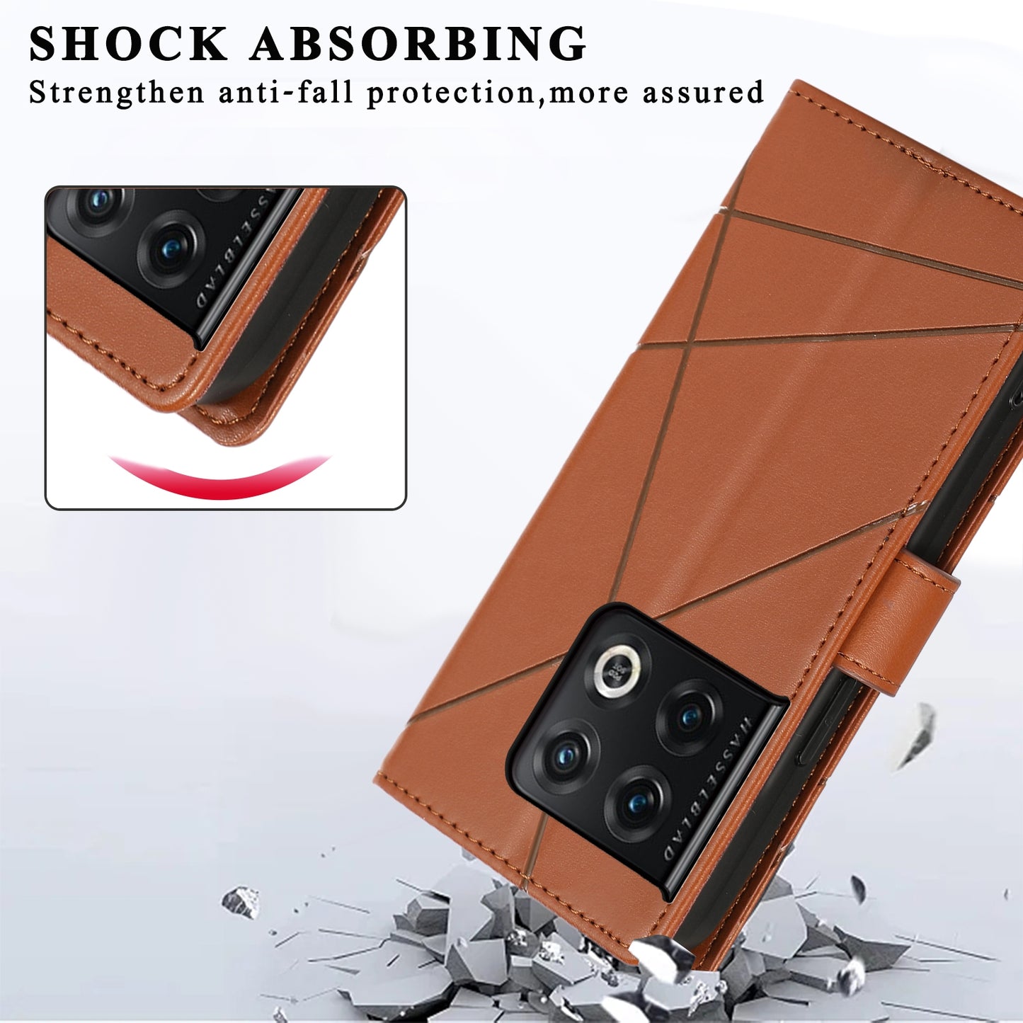 OnePlus 10 Pro PU Genuine Leather Texture Embossed Line Phone Case with Card Wallet, Kickstand & Wrist Strap