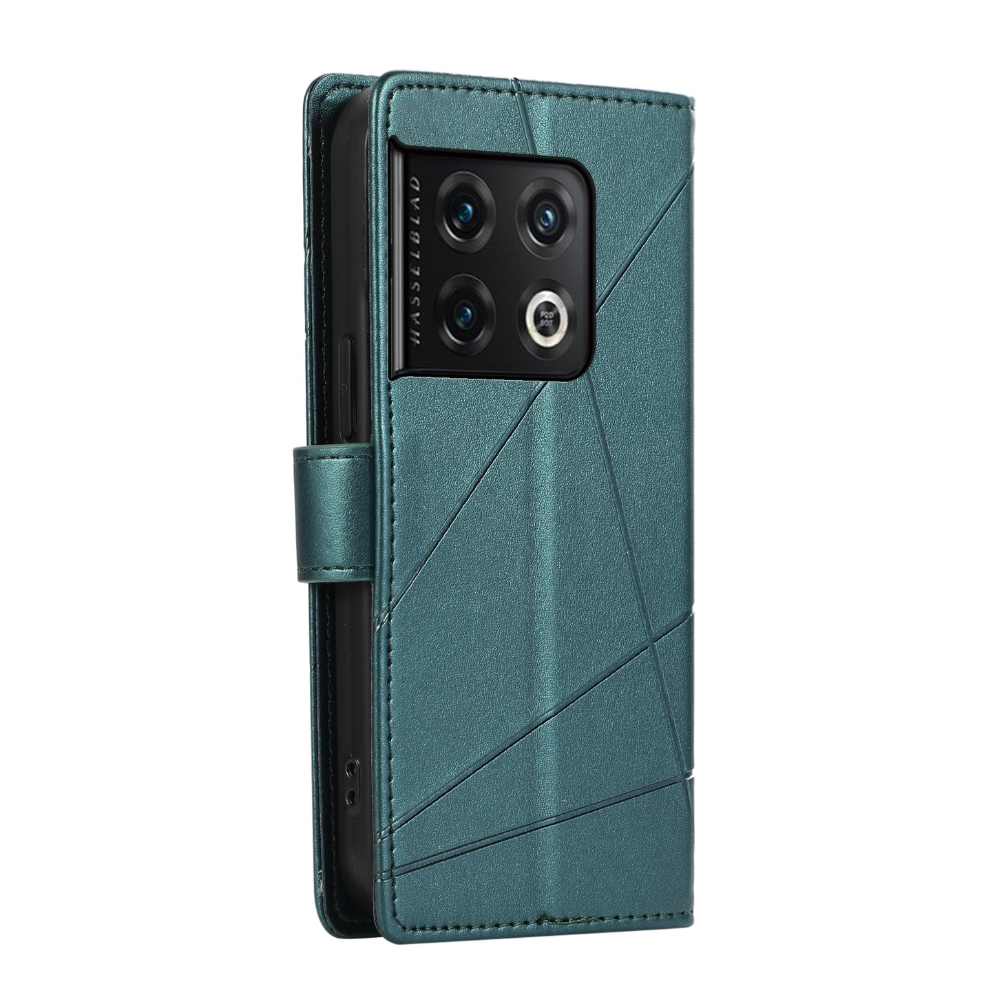 OnePlus 10 Pro PU Genuine Leather Texture Embossed Line Phone Case with Card Wallet, Kickstand & Wrist Strap