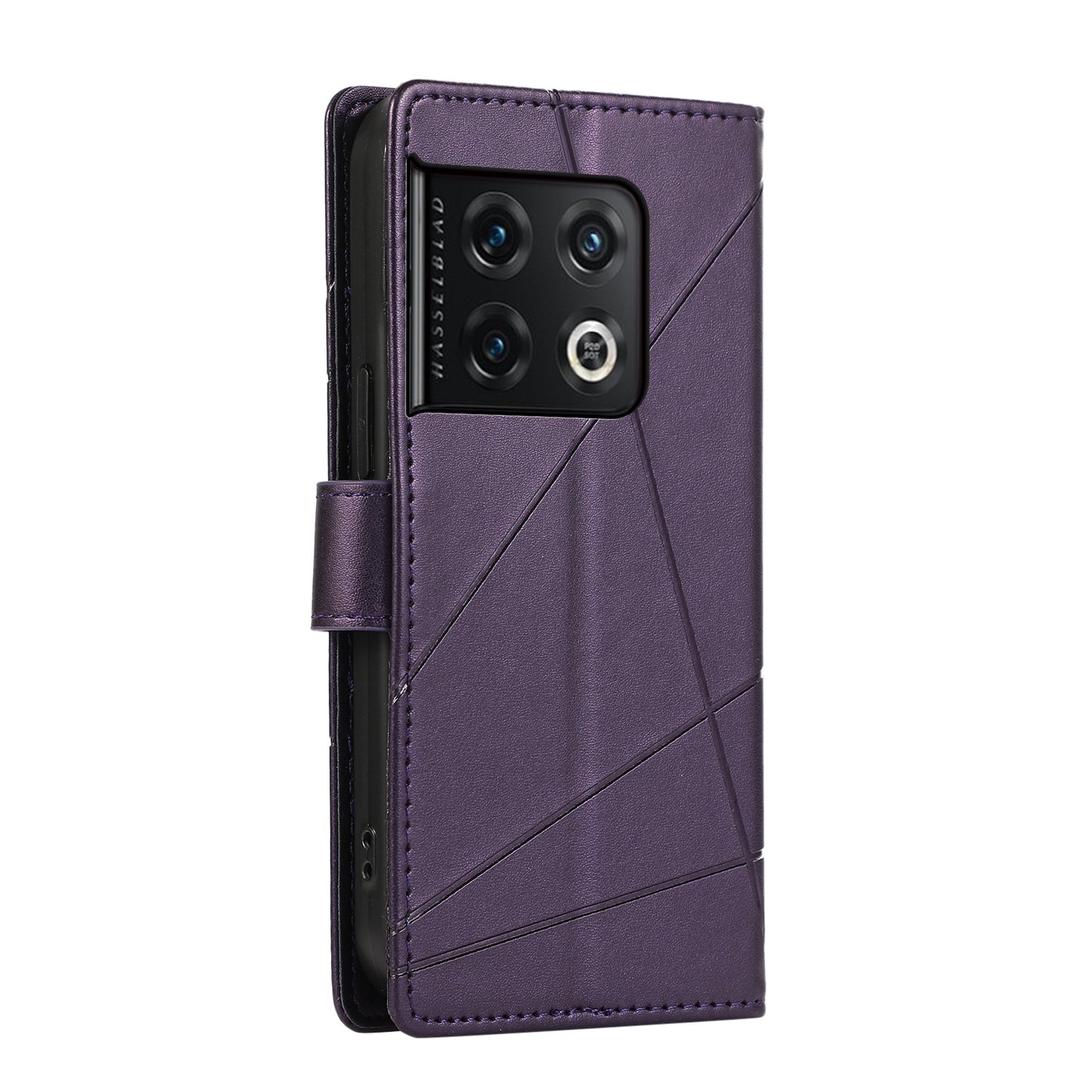 OnePlus 10 Pro PU Genuine Leather Texture Embossed Line Phone Case with Card Wallet, Kickstand & Wrist Strap