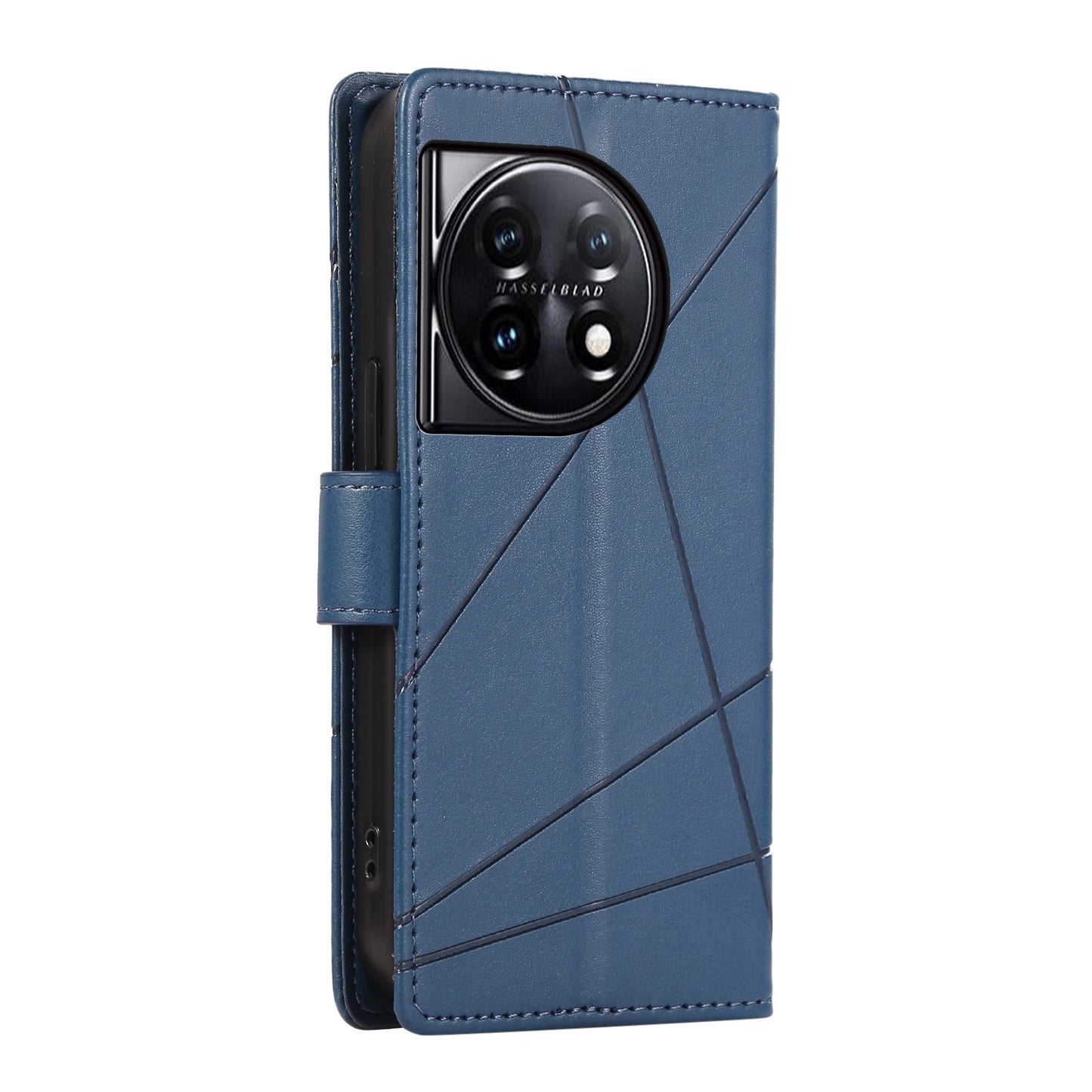 OnePlus 11 PU Genuine Leather Texture Embossed Line Phone Case with Card Wallet, Kickstand & Wrist Strap