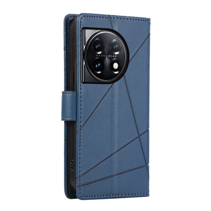 OnePlus 11 PU Genuine Leather Texture Embossed Line Phone Case with Card Wallet, Kickstand & Wrist Strap