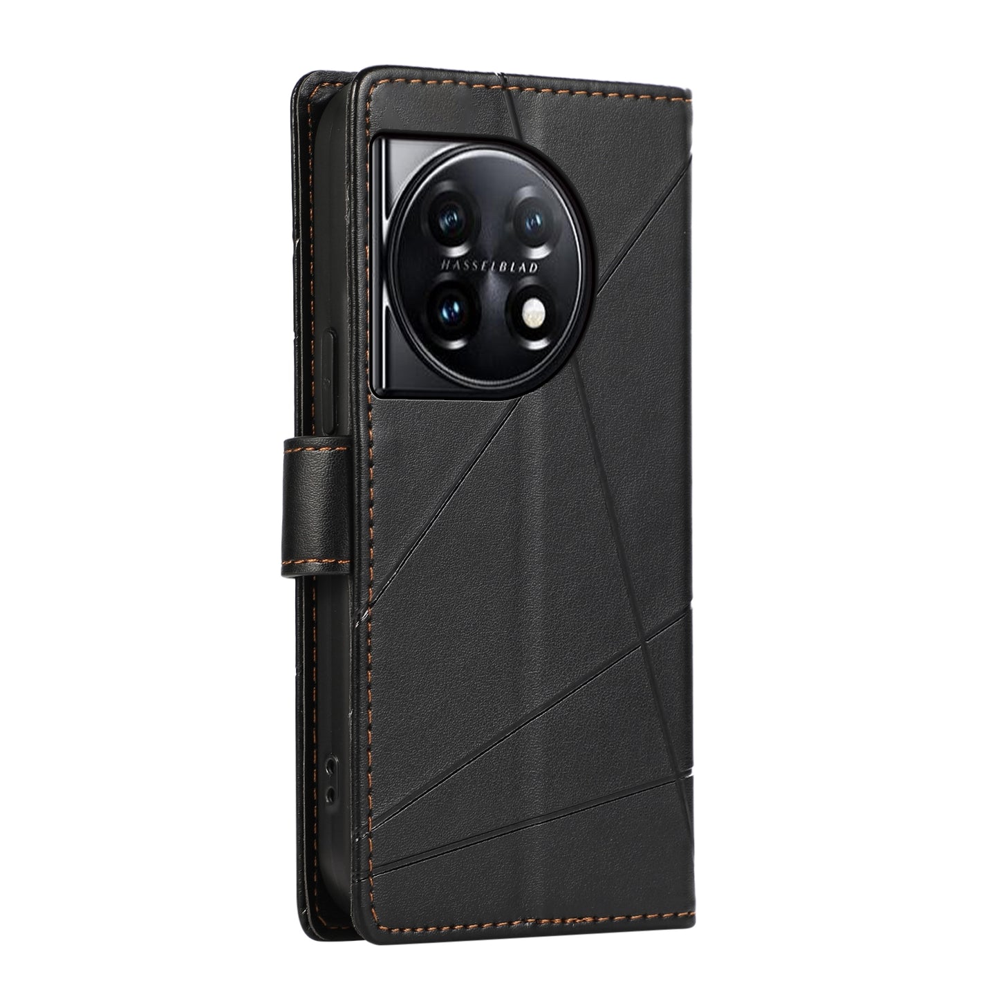 OnePlus 11 PU Genuine Leather Texture Embossed Line Phone Case with Card Wallet, Kickstand & Wrist Strap