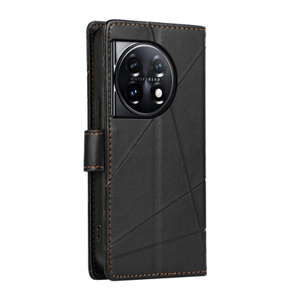 OnePlus 11 PU Genuine Leather Texture Embossed Line Phone Case with Card Wallet, Kickstand & Wrist Strap