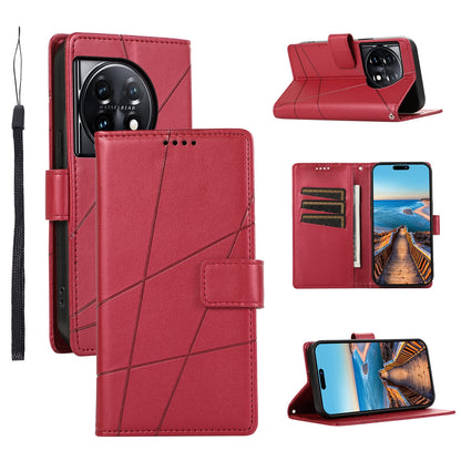 OnePlus 11 PU Genuine Leather Texture Embossed Line Phone Case with Card Wallet, Kickstand & Wrist Strap