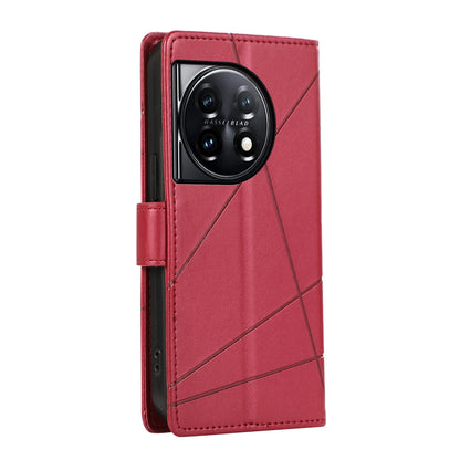 OnePlus 11 PU Genuine Leather Texture Embossed Line Phone Case with Card Wallet, Kickstand & Wrist Strap
