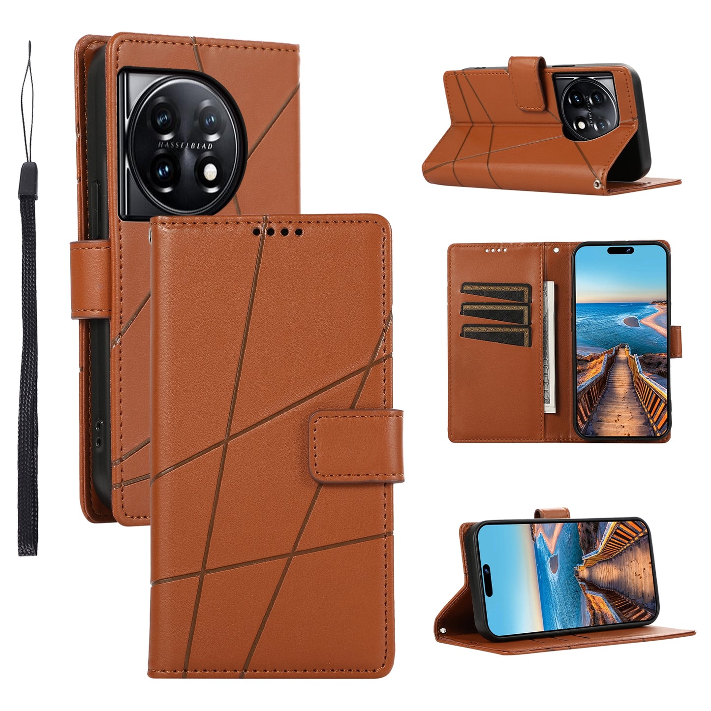 OnePlus 11 PU Genuine Leather Texture Embossed Line Phone Case with Card Wallet, Kickstand & Wrist Strap