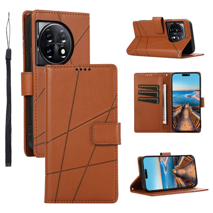 OnePlus 11 PU Genuine Leather Texture Embossed Line Phone Case with Card Wallet, Kickstand & Wrist Strap