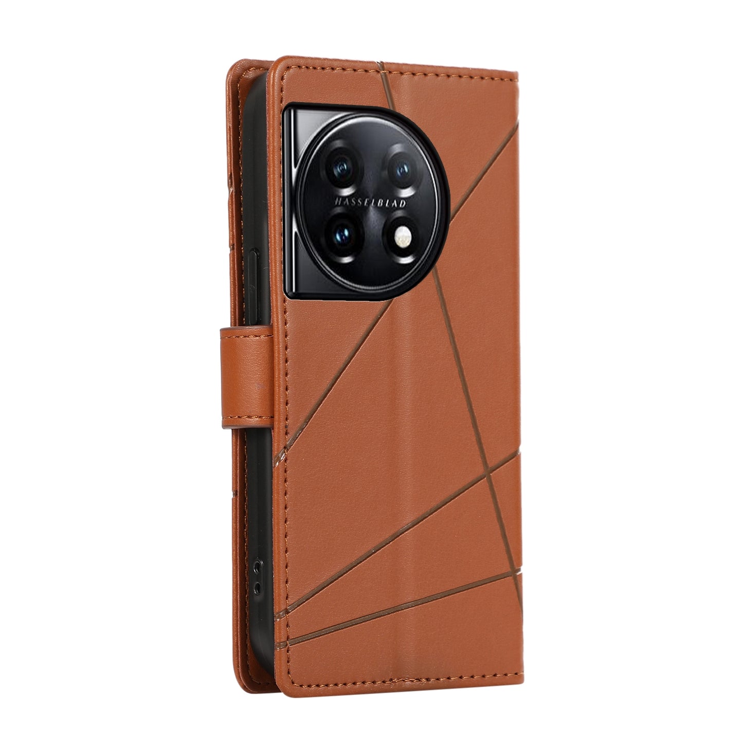 OnePlus 11 PU Genuine Leather Texture Embossed Line Phone Case with Card Wallet, Kickstand & Wrist Strap