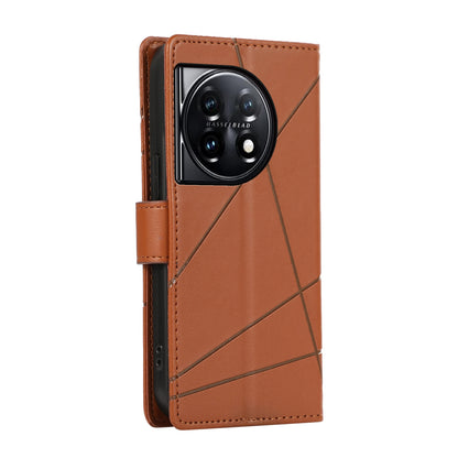 OnePlus 11 PU Genuine Leather Texture Embossed Line Phone Case with Card Wallet, Kickstand & Wrist Strap