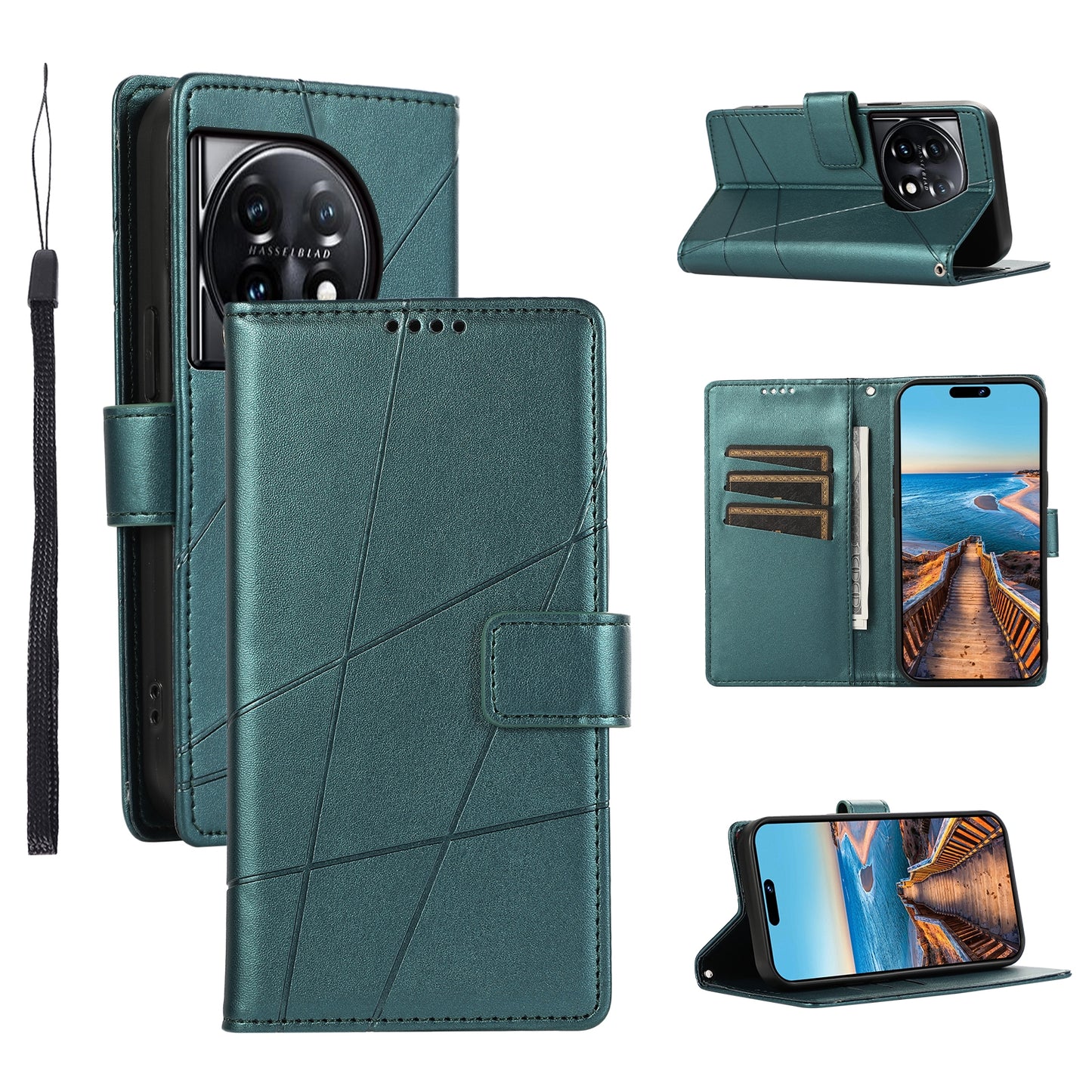 OnePlus 11 PU Genuine Leather Texture Embossed Line Phone Case with Card Wallet, Kickstand & Wrist Strap