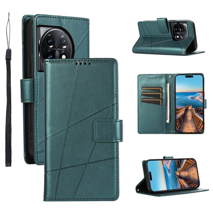 OnePlus 11 PU Genuine Leather Texture Embossed Line Phone Case with Card Wallet, Kickstand & Wrist Strap