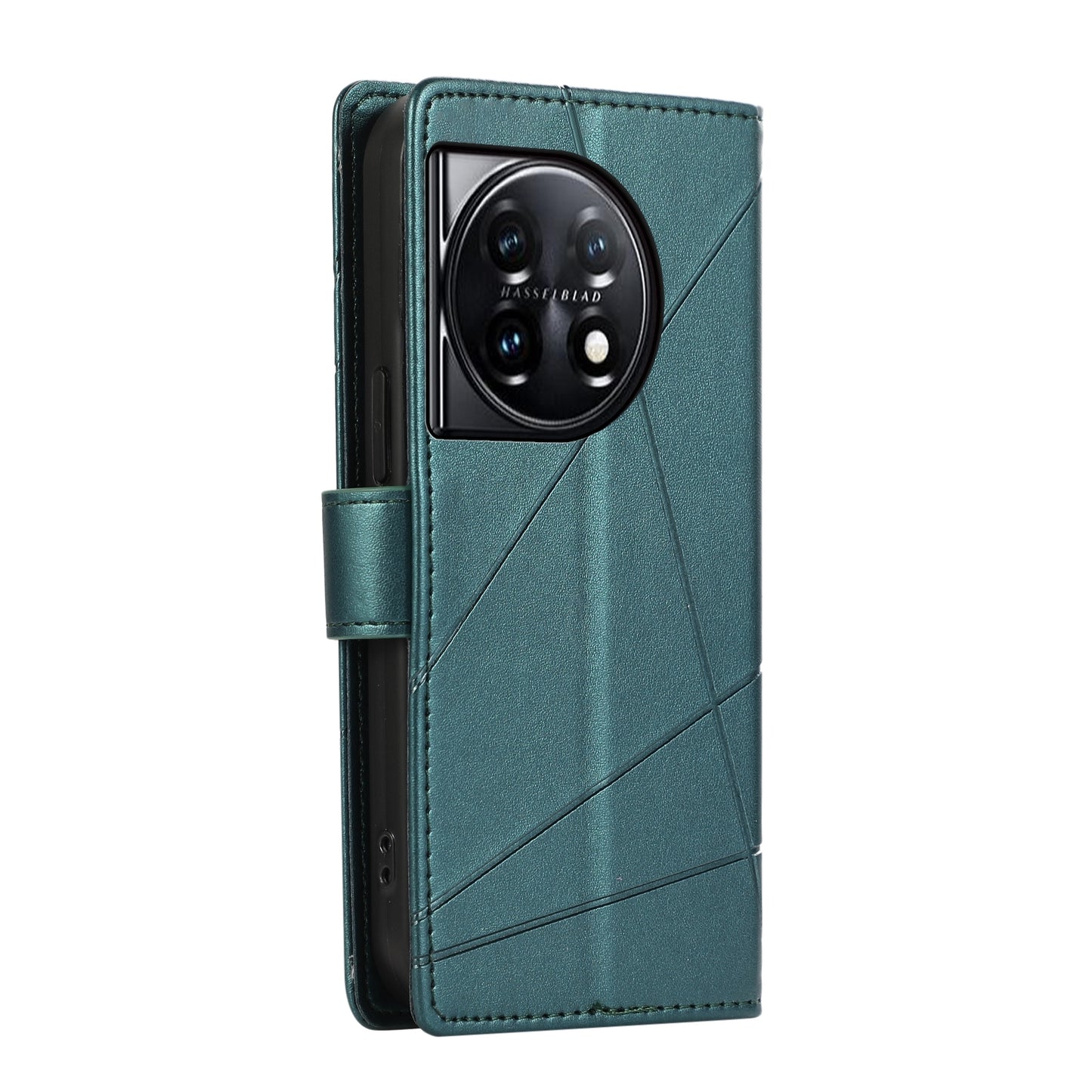OnePlus 11 PU Genuine Leather Texture Embossed Line Phone Case with Card Wallet, Kickstand & Wrist Strap