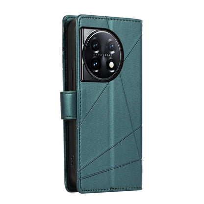 OnePlus 11 PU Genuine Leather Texture Embossed Line Phone Case with Card Wallet, Kickstand & Wrist Strap