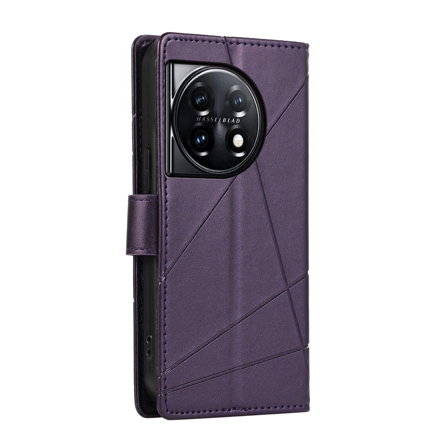 OnePlus 11 PU Genuine Leather Texture Embossed Line Phone Case with Card Wallet, Kickstand & Wrist Strap
