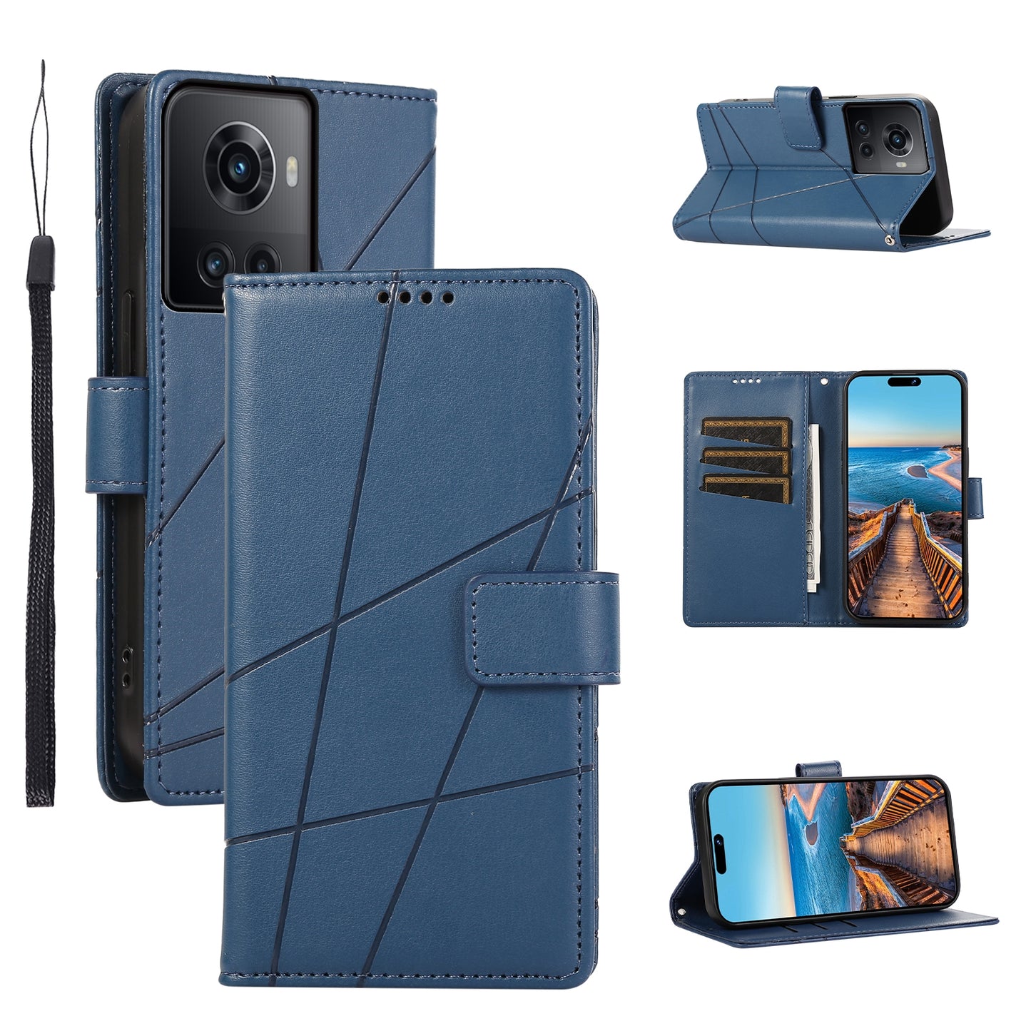 OnePlus Ace PU Genuine Leather Texture Embossed Line Phone Case with Card Wallet, Kickstand & Wrist Strap