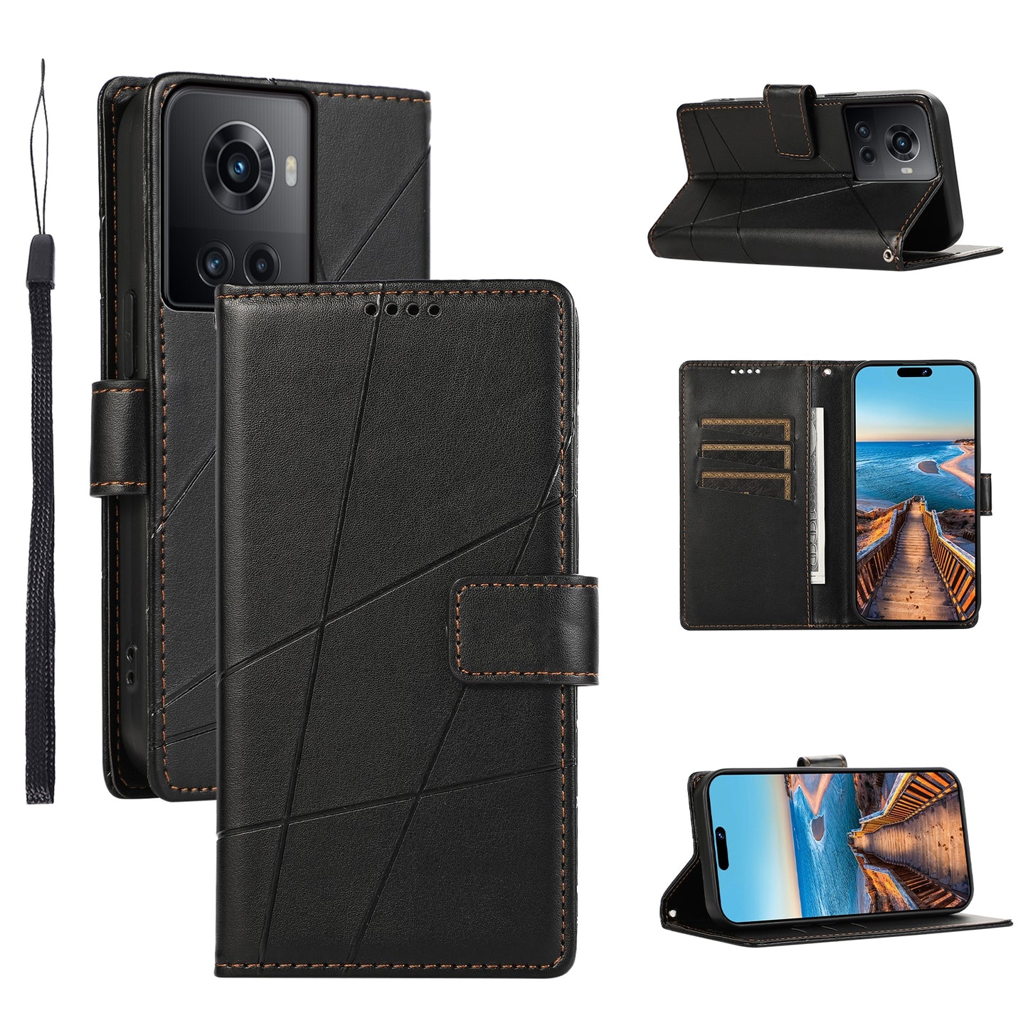 OnePlus Ace PU Genuine Leather Texture Embossed Line Phone Case with Card Wallet, Kickstand & Wrist Strap