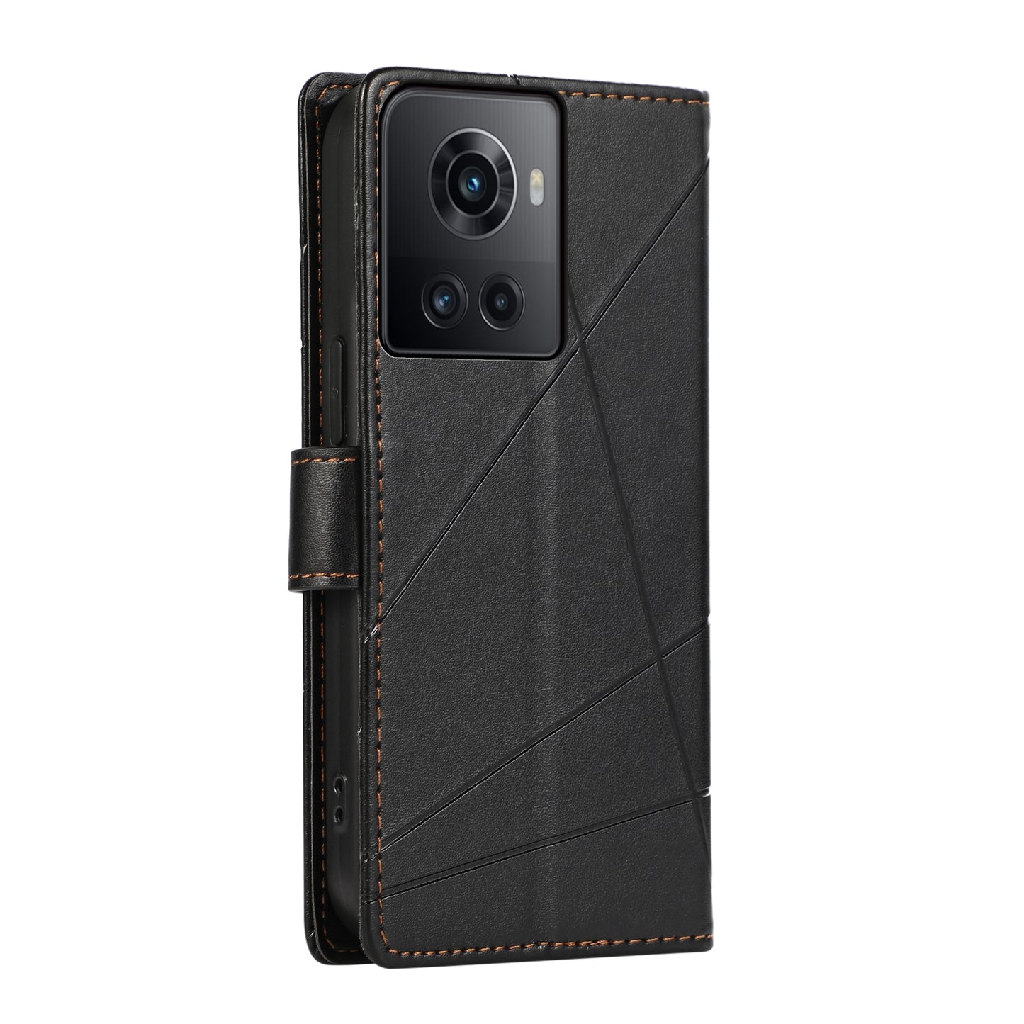 OnePlus Ace PU Genuine Leather Texture Embossed Line Phone Case with Card Wallet, Kickstand & Wrist Strap