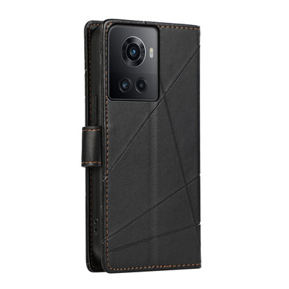 OnePlus Ace PU Genuine Leather Texture Embossed Line Phone Case with Card Wallet, Kickstand & Wrist Strap