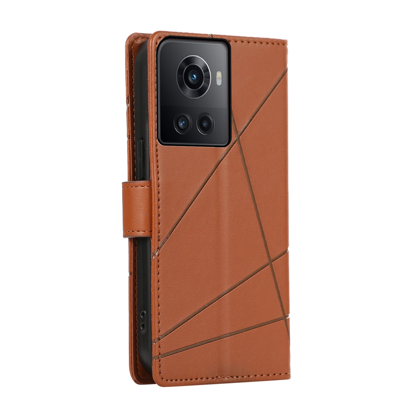 OnePlus Ace PU Genuine Leather Texture Embossed Line Phone Case with Card Wallet, Kickstand & Wrist Strap
