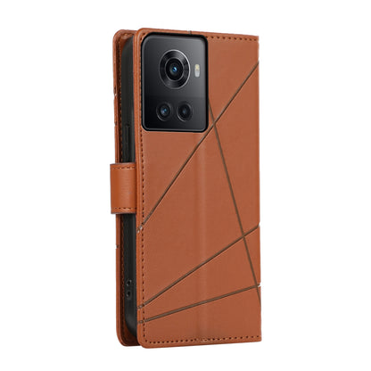 OnePlus Ace PU Genuine Leather Texture Embossed Line Phone Case with Card Wallet, Kickstand & Wrist Strap