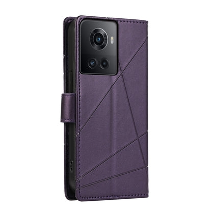 OnePlus Ace PU Genuine Leather Texture Embossed Line Phone Case with Card Wallet, Kickstand & Wrist Strap