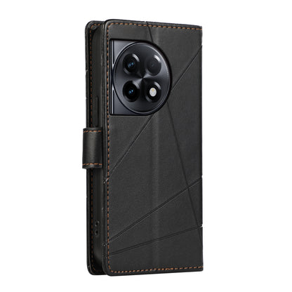 OnePlus Ace 2 PU Genuine Leather Texture Embossed Line Phone Case with Card Wallet, Kickstand & Wrist Strap