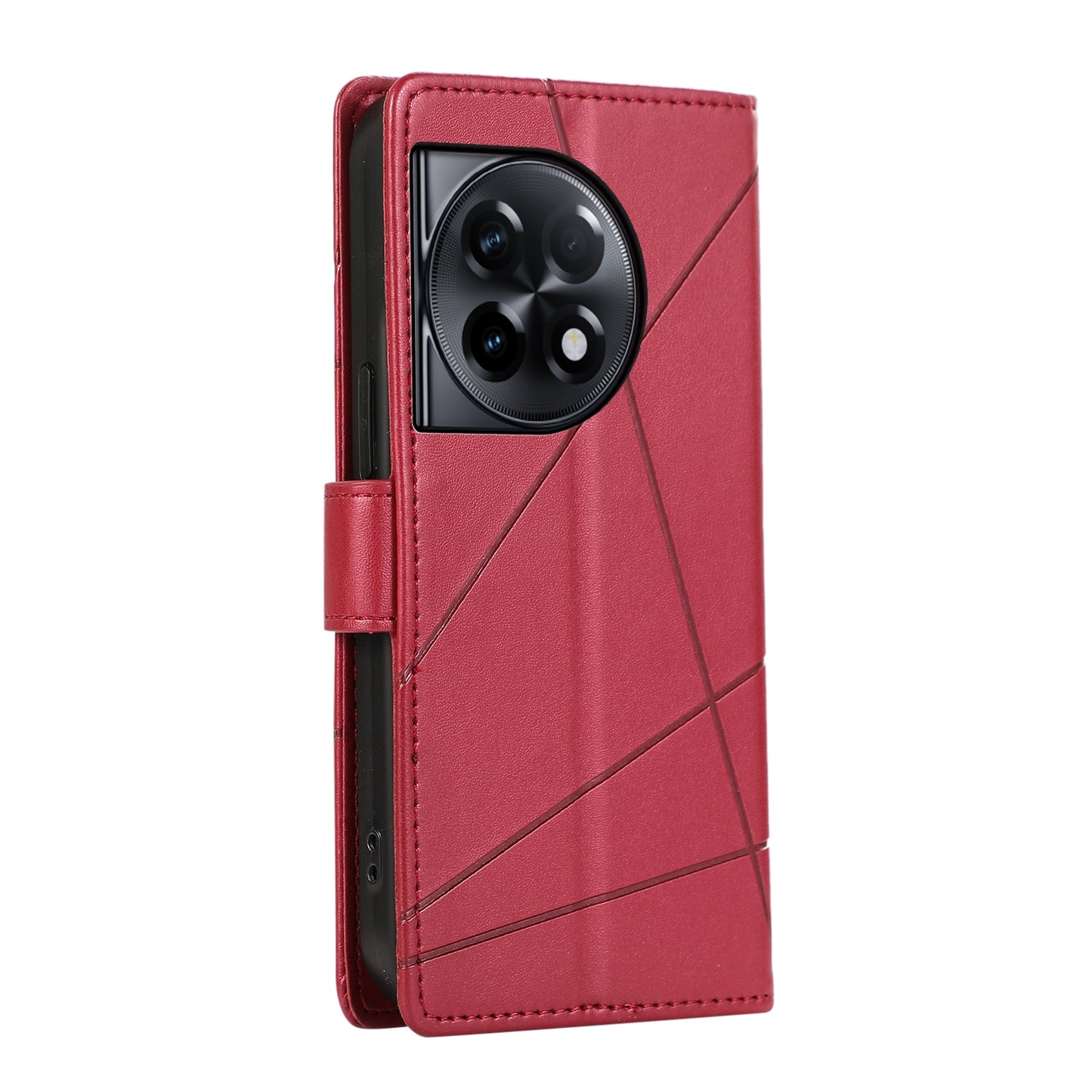 OnePlus Ace 2 PU Genuine Leather Texture Embossed Line Phone Case with Card Wallet, Kickstand & Wrist Strap