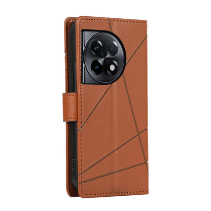 OnePlus Ace 2 PU Genuine Leather Texture Embossed Line Phone Case with Card Wallet, Kickstand & Wrist Strap