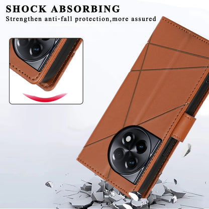 OnePlus Ace 2 PU Genuine Leather Texture Embossed Line Phone Case with Card Wallet, Kickstand & Wrist Strap