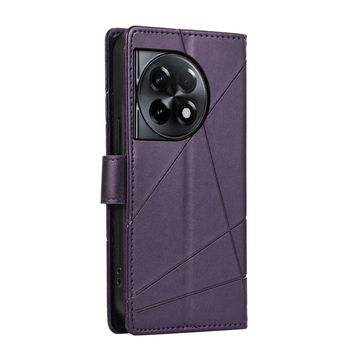 OnePlus Ace 2 PU Genuine Leather Texture Embossed Line Phone Case with Card Wallet, Kickstand & Wrist Strap