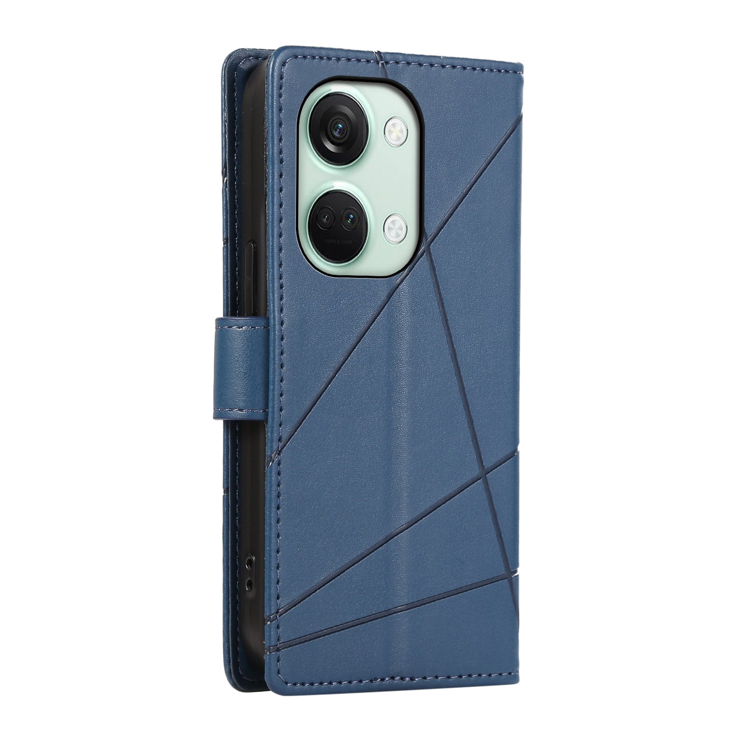 OnePlus Ace 2V PU Genuine Leather Texture Embossed Line Phone Case with Card Wallet, Kickstand & Wrist Strap