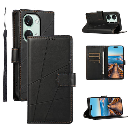 OnePlus Ace 2V PU Genuine Leather Texture Embossed Line Phone Case with Card Wallet, Kickstand & Wrist Strap