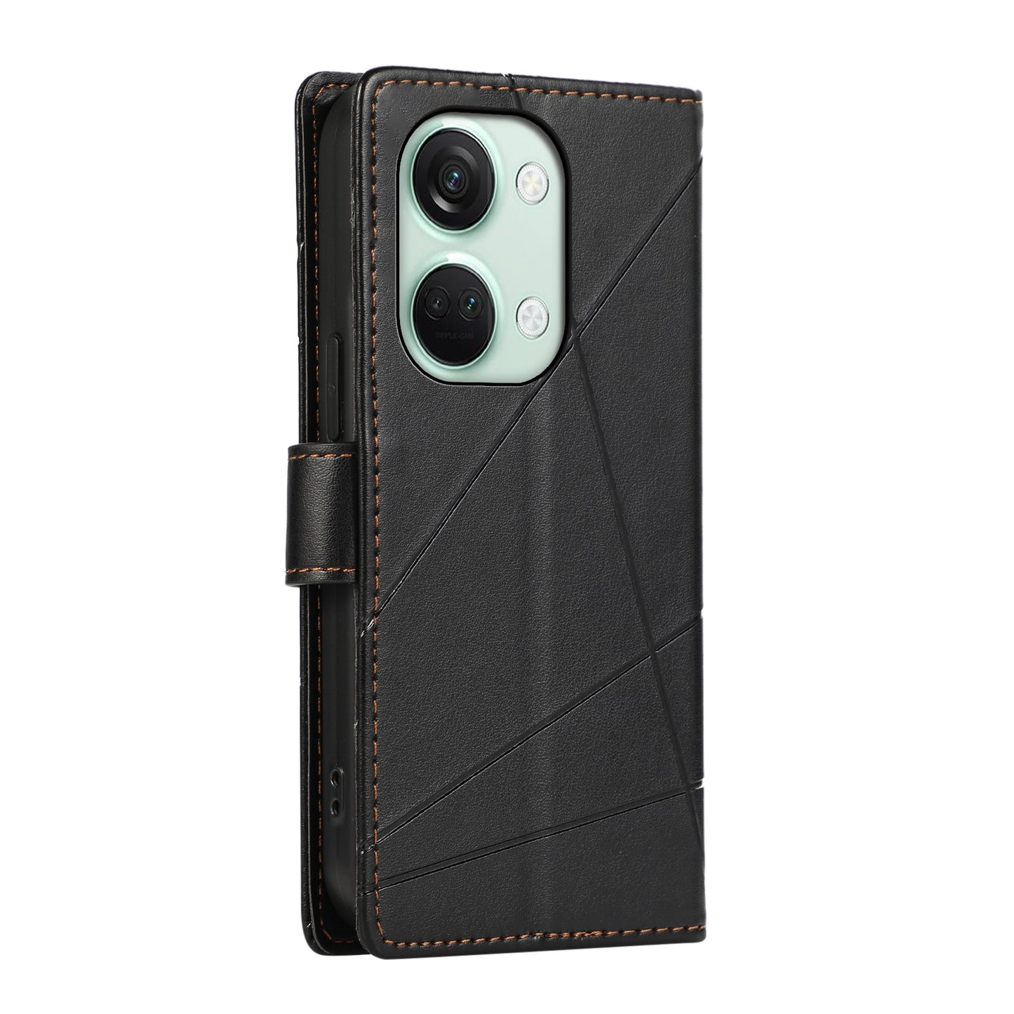 OnePlus Ace 2V PU Genuine Leather Texture Embossed Line Phone Case with Card Wallet, Kickstand & Wrist Strap