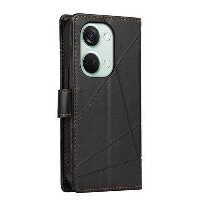 OnePlus Ace 2V PU Genuine Leather Texture Embossed Line Phone Case with Card Wallet, Kickstand & Wrist Strap